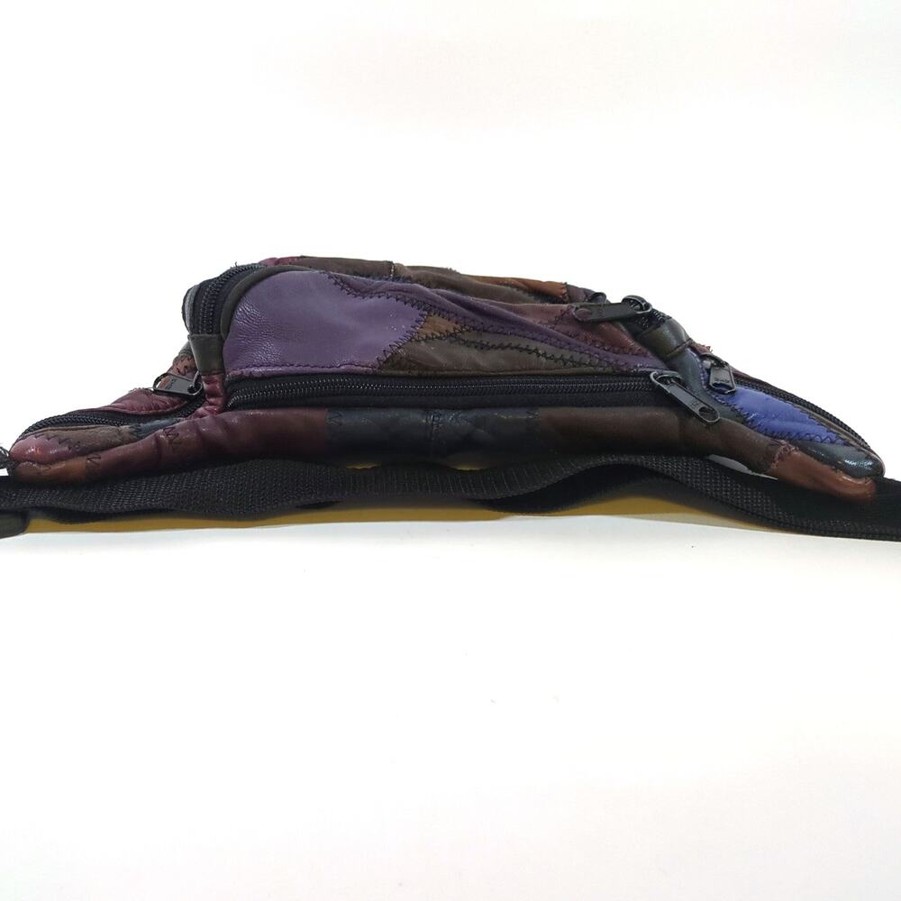 VTG Leather Patchwork Fanny Pack Brown Purple Blue Tan Belt Bag 9 x 5.5 x 3" 80s - Picture 7 of 10